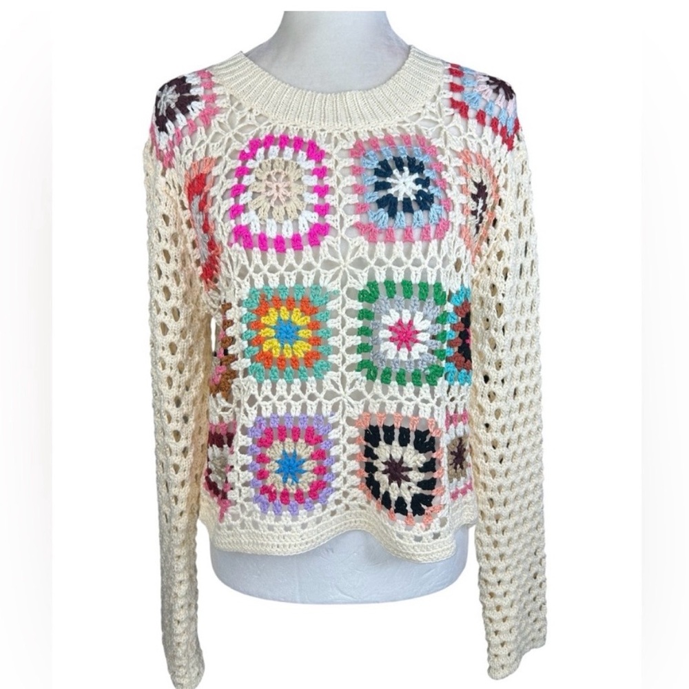 Debut Granny Square Open Knot Sweater, Sz M